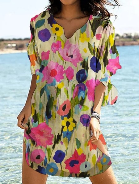 Vacation V Neck Loose Dress With No, Multicolor, Dresses