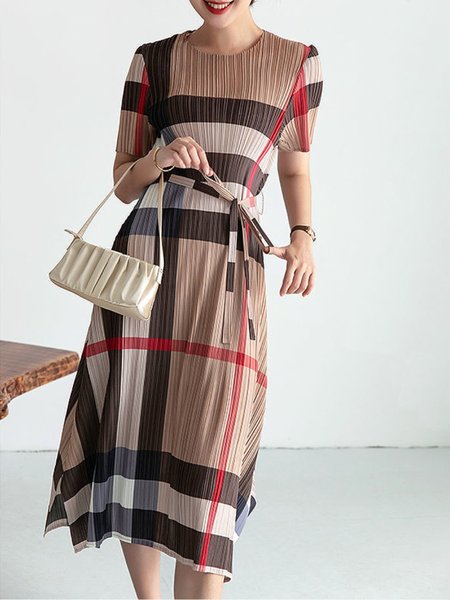 

Short Sleeve Urban Regular Fit Dress With Belt, Khaki, Midi Dresses