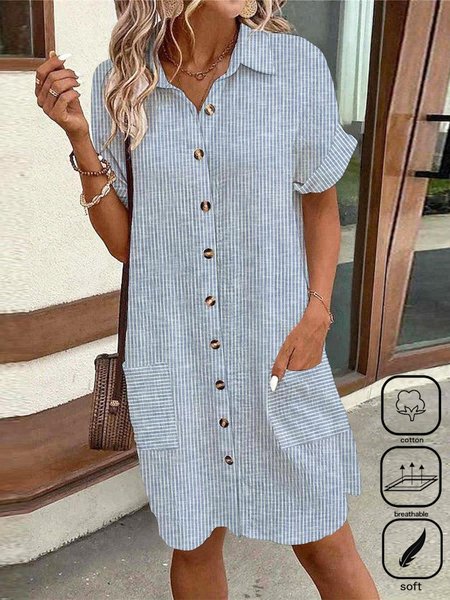 

Pocket Stitching Casual Shirt Collar Striped Dress, Blue, Midi Dresses