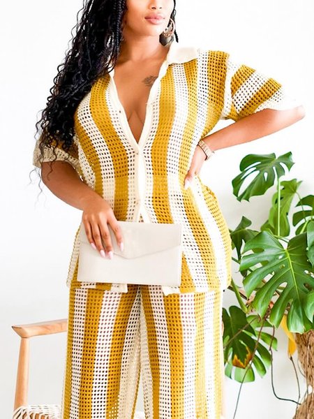 

Shirt Collar Short Sleeve Striped Vacation Blouse, Yellow, Blouses and Shirts