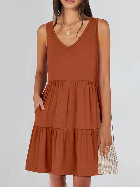 

Women Plain V Neck Sleeveless Comfy Casual Midi Dress, Caramel, Short
