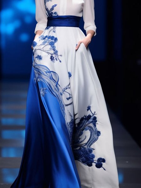 Regular Fit Pocket Stitching Satin Elegant Skirt With Belt, Blue, Skirts