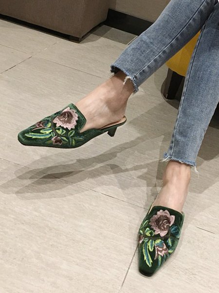 

Elegant Floral Embroidery Block Heel Mules, Green, Oxfords