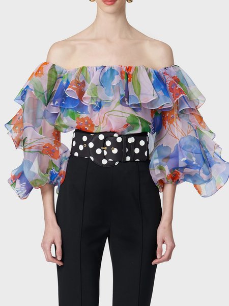

Cold Shoulder Loose Floral Elegant Shirt, As picture, Blouses and Shirts