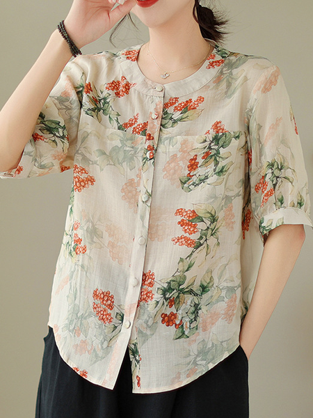 

Shirt Collar Vacation Cotton-Blend Linen Style Blouse, Apricot, Blouses & Shirts