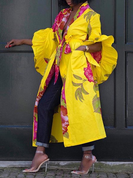

Loose Floral Vacation Kimono With Belt, Yellow, Kimonos