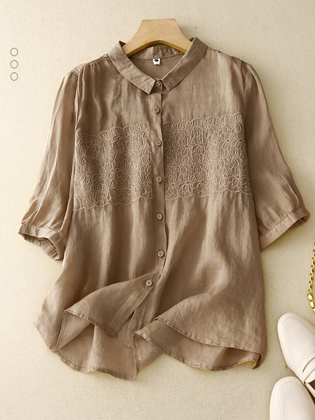 

Shirt Collar Plain Simple Cotton-Blend Blouse, Khaki, Blouses & Shirts