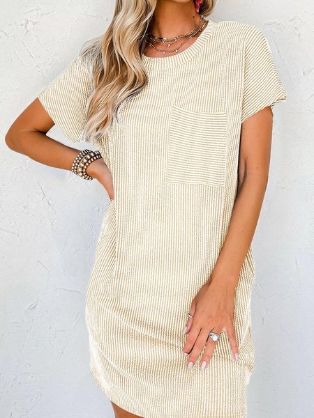 

Women Plain Crew Neck Short Sleeve Comfy Casual Short Dress, Apricot, Short