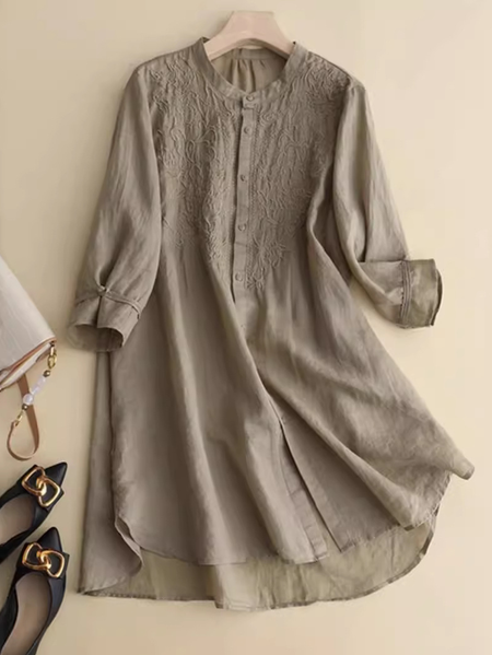

Stand Collar Loose Casual Cotton-Blend Dress, Army green, Midi Dresses