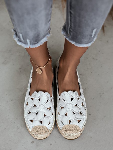 

Floral Embroidery,Hollow Out Espadrille Flat Shoes, White, Flats & Loafers