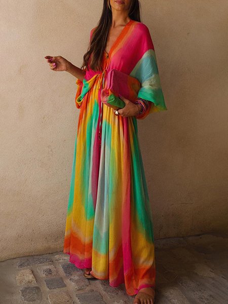 

Vacation V Neck Batwing Sleeve Dress, As picture, Maxi Dresses