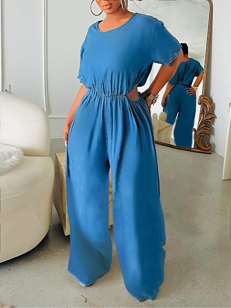 

Short Sleeve Loose Casual Denim Crew Neck Jumpsuit, Blue, Jumpsuits