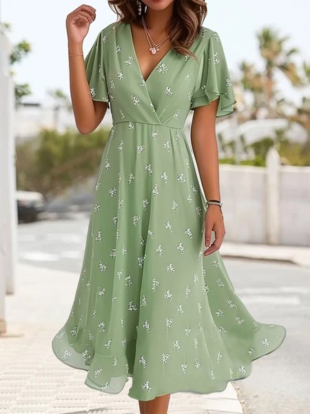 

Elegant Floral Ruffled Sleeves Chiffon V Neck Dress, Green, Dresses