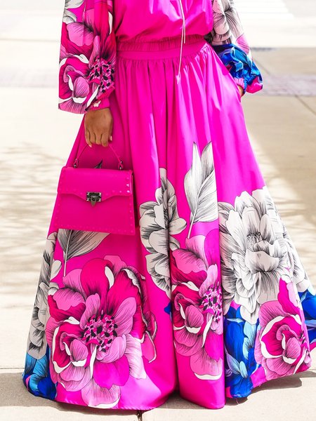 

High Waist Vacation Loose Pockets Floral Skirt, Rose red, Skirts