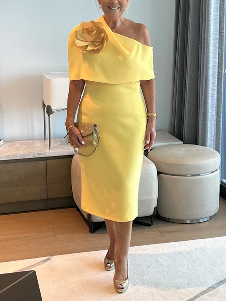 

Regular Fit Elegant Asymmetrical Plain Midi Dress With Brooch, Yellow, Midi Dresses