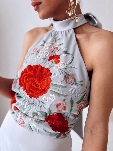 

Regular Fit Halter Floral Elegant Tank Top, As picture, Tanks and Camis