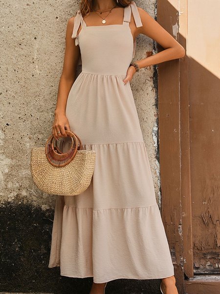 

Women Plain Spaghetti Gallus Comfy Casual Maxi Dress, Apricot, Dresses