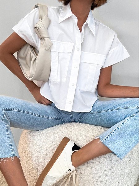 

Regular Fit Shirt Collar Urban Plain Regular Sleeve Blouse, White, Blouses and Shirts