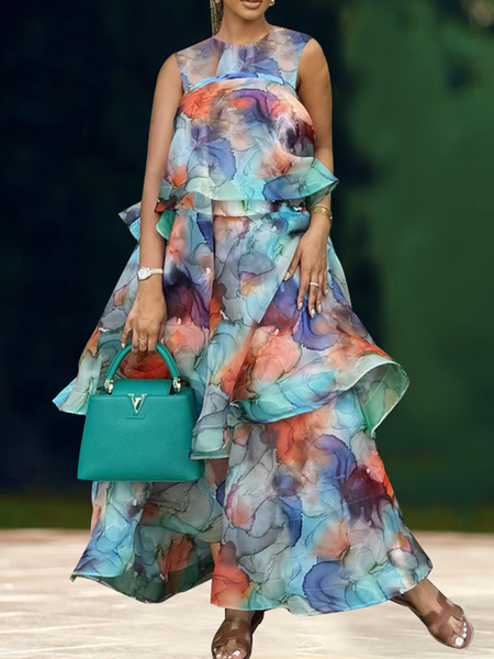 

Loose Floral Crew Neck Sleeveless Elegant Maxi Dress, As picture, Maxi Dresses