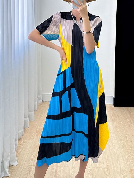 

Daily V Neck Geometric Elegant Regular Fit Dress, Blue, Midi Dresses