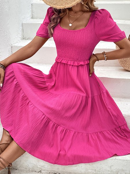 

Women Plain Square Neck Short Sleeve Comfy Casual Midi Dress, Rose red, Dresses