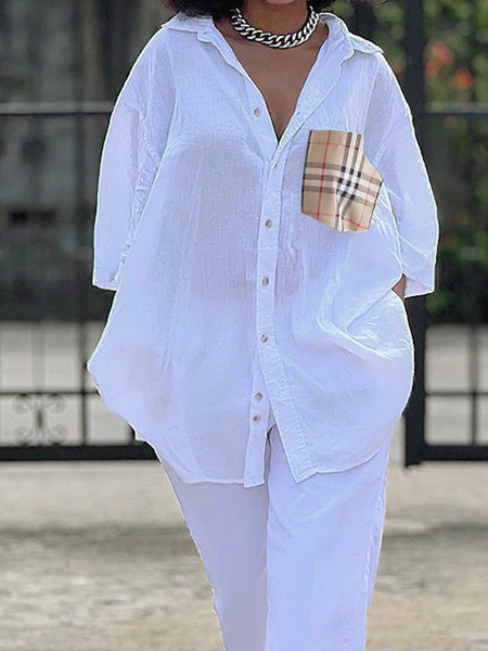 

Loose Shirt Collar Short Sleeve Casual Plaid Blouse, White, Blouses and Shirts