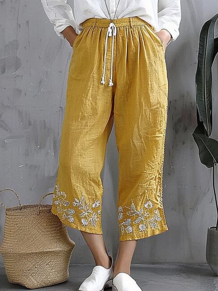 

Casual Cotton Floral Loose Pants, Yellow, Pants