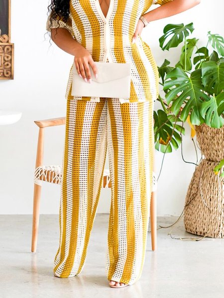 

Striped Vacation Loose Pants, Yellow, Pants