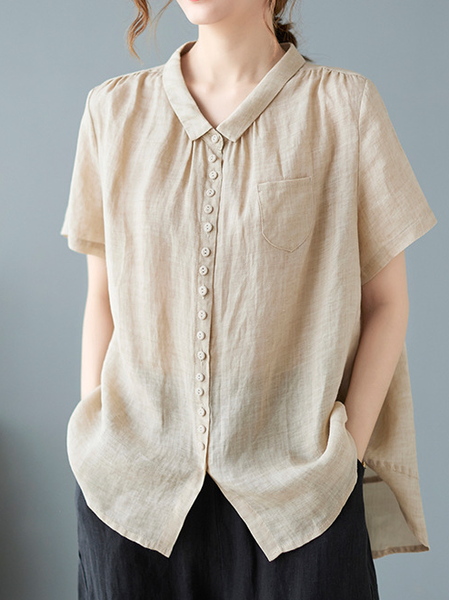 

Simple Shirt Collar Loose Linen Blouse, Khaki, Blouses & Shirts