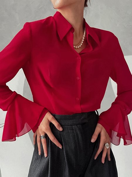 

Urban Ruffled Sleeves Plain Blouse, Red, Blouses and Shirts