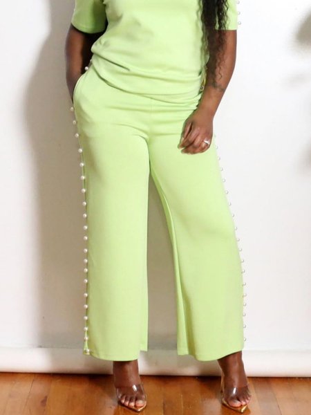 

Beaded Plain Daily Fashion Wide Leg Pants, Green, Pants
