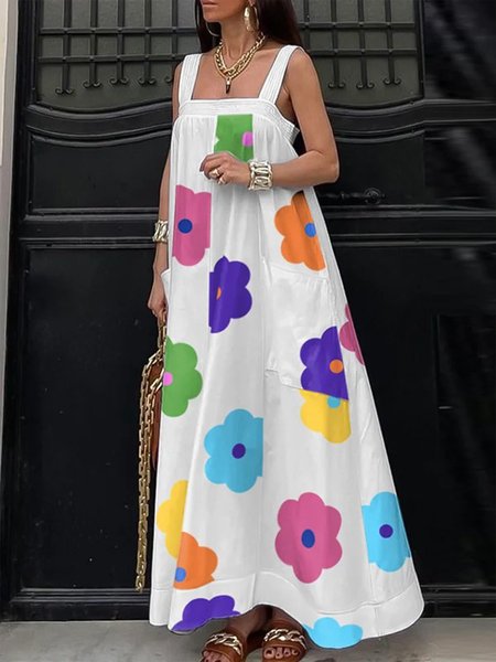 

Floral Square Neck Loose Vacation Dress, White, Maxi Dresses
