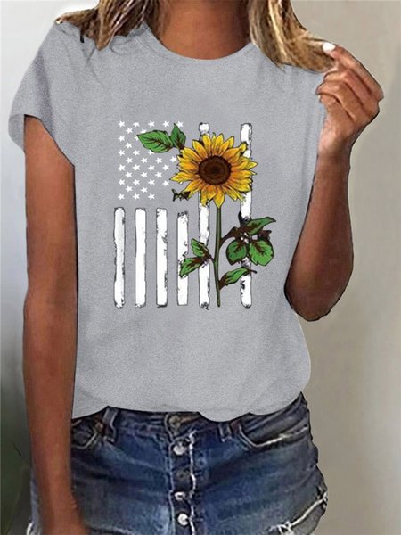 

Casual Crew Neck Sunflower T-Shirt, Gray, T-shirts
