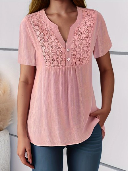 Elegant V Neck Plain Lace Shirt, Pink, Shirts & Blouses