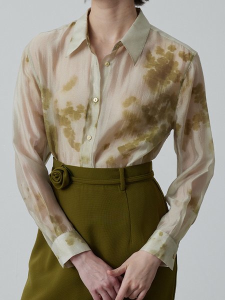 

Urban Shawl Collar Floral Regular Sleeve Regular Fit Blouse, Green, Blouses and Shirts