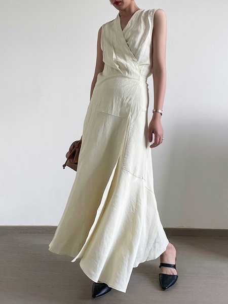 

V neck Plain Regular Fit Casual Dress, Off white, Maxi Dresses