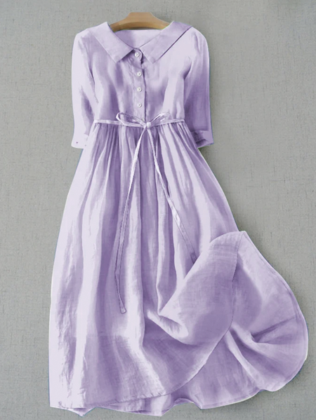 

Vacation Loose Shirt Collar Linen Dress, Purple, Midi Dresses
