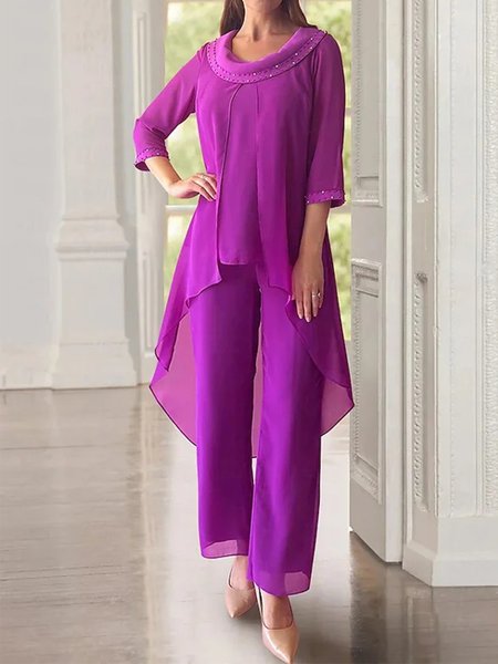 

Elegant Chiffon Crew Neck Loose Two-Piece Set, Purple, Suit Set