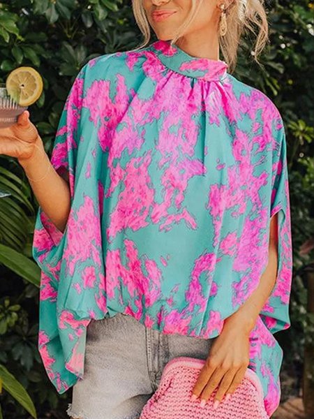 Abstract Loose Vacation Stand Collar Shirt, Blue, Blouses and Shirts