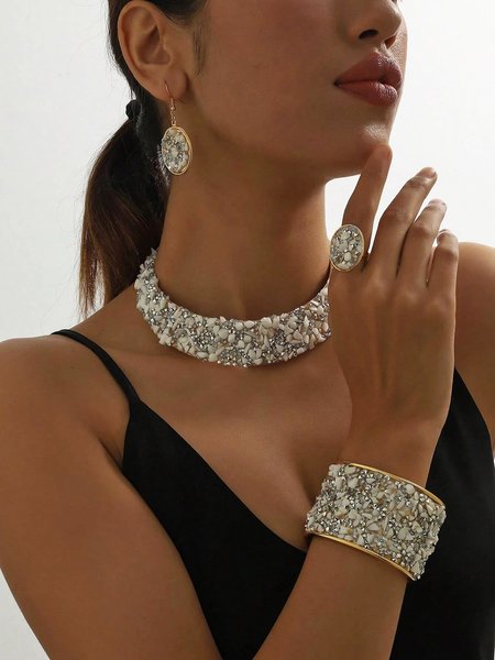 

4pcs/set Luxurious Multicolor Rhinestone Embellished Metal Choker Necklace Set, White, Jewelry