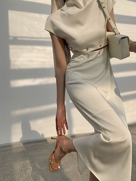 

Plain Half Turtleneck Tight Urban Dress, Off white, Maxi Dresses