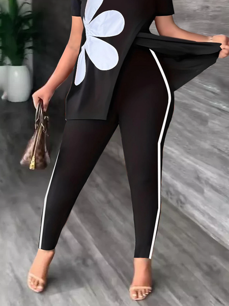 

High Elasticity Color Block Casual Tight Long Pants, Black, Pants