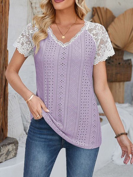 

V Neck Short Sleeve Plain Eyelet Regular Loose Shirt For Women, Purple, Blouses