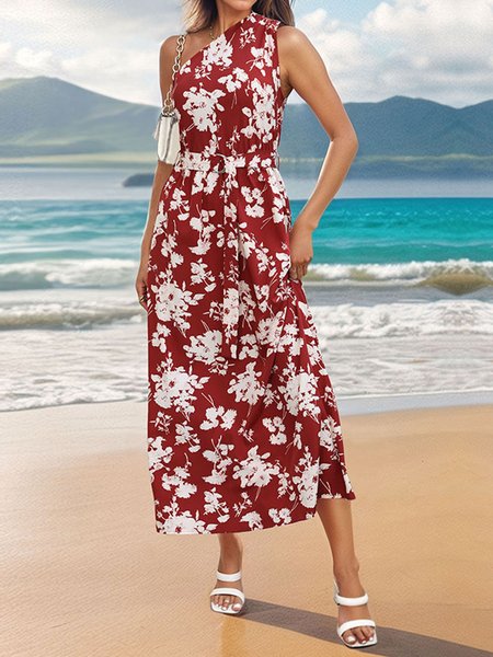 

Women Floral One Shoulder Sleeveless Comfy Casual Maxi Dress, Red, Dresses