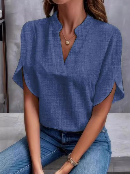 

Women Summer V Neck Short Sleeve Plain Regular Regular Fit Shirt, Blue, Blouses