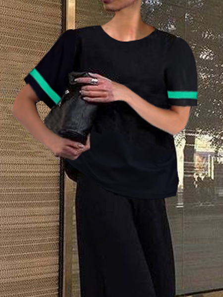 

High Elasticity Casual Loose Short Sleeve Color Block T-Shirt, Black, Tees