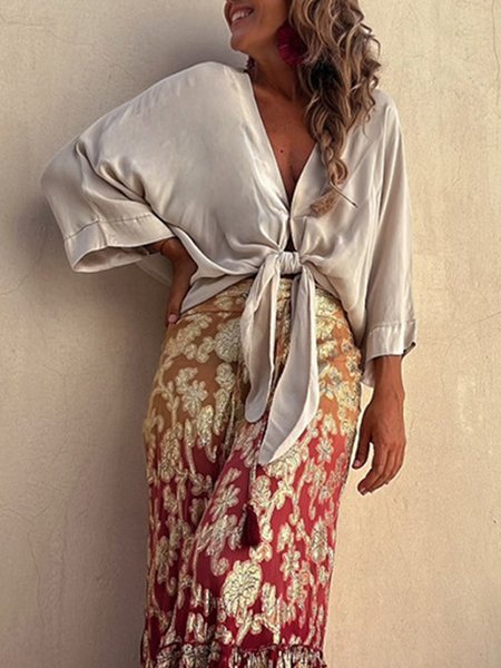 

V Neck Loose Plain Vacation Shirt, As picture, Blouses and Shirts