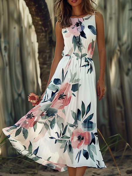 

Floral Elegant Chiffon Dress With No, White, Dresses
