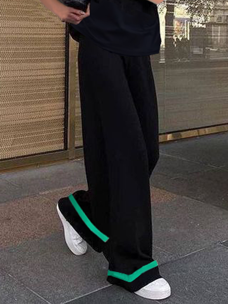 

High Elasticity Color Block Casual Long Pants Straight pants, Black, Pants