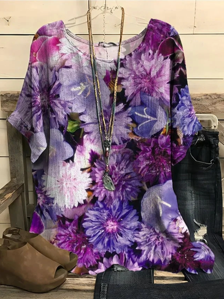 

Crew Neck Casual Loose Floral Blouse, Purple, Shirts & Blouses